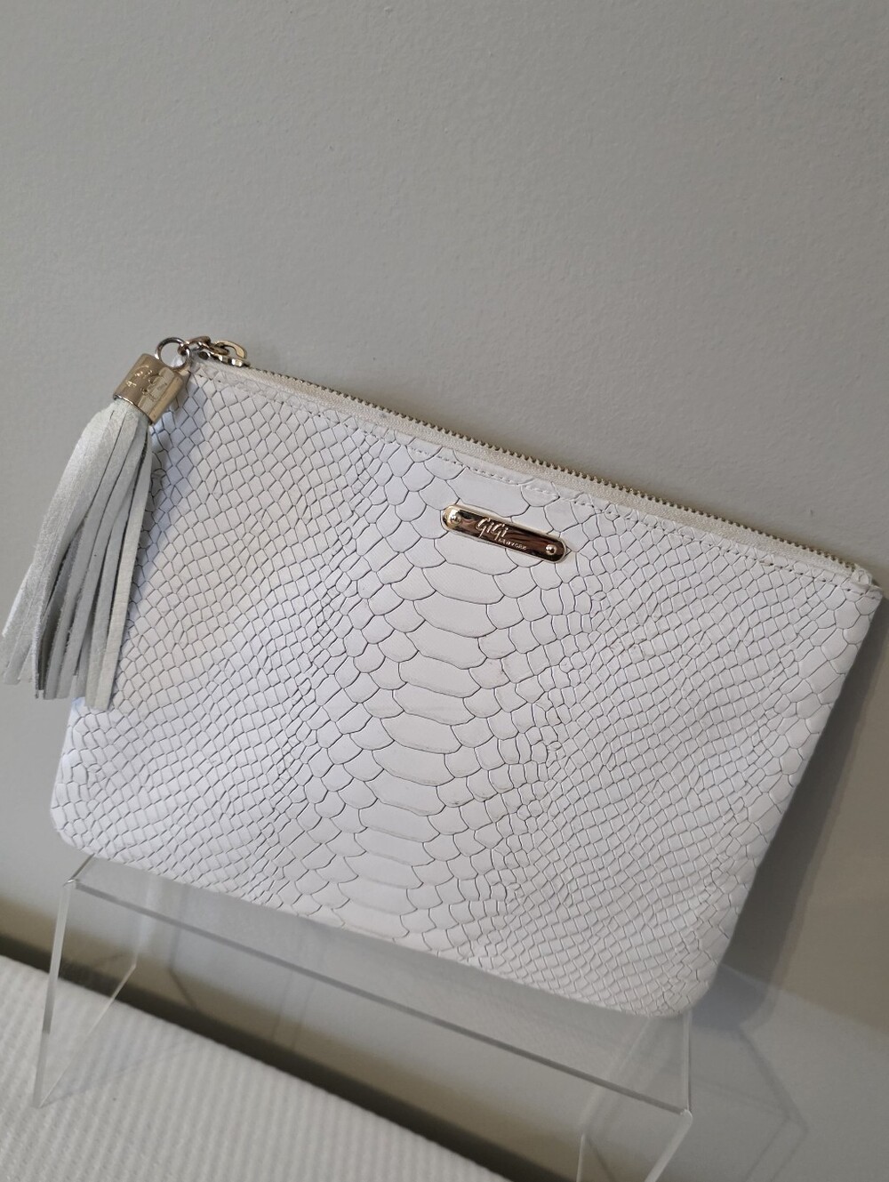 Gigi New York White Python-Embossed Tassel Accent Leather Clutch, Sleek, Stylish